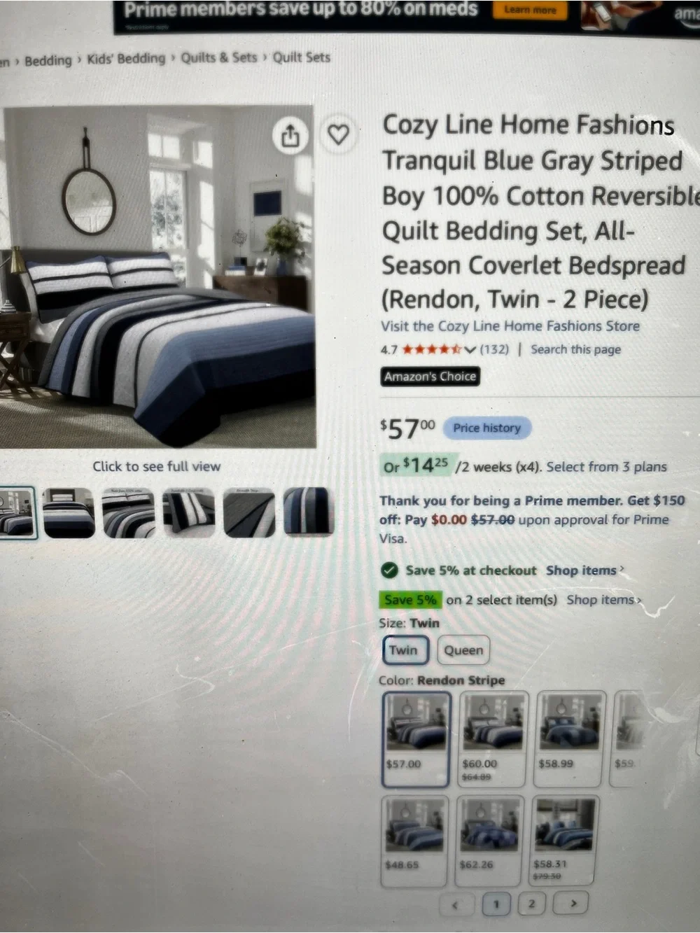 Twin striped quilted coverlet/bedspread